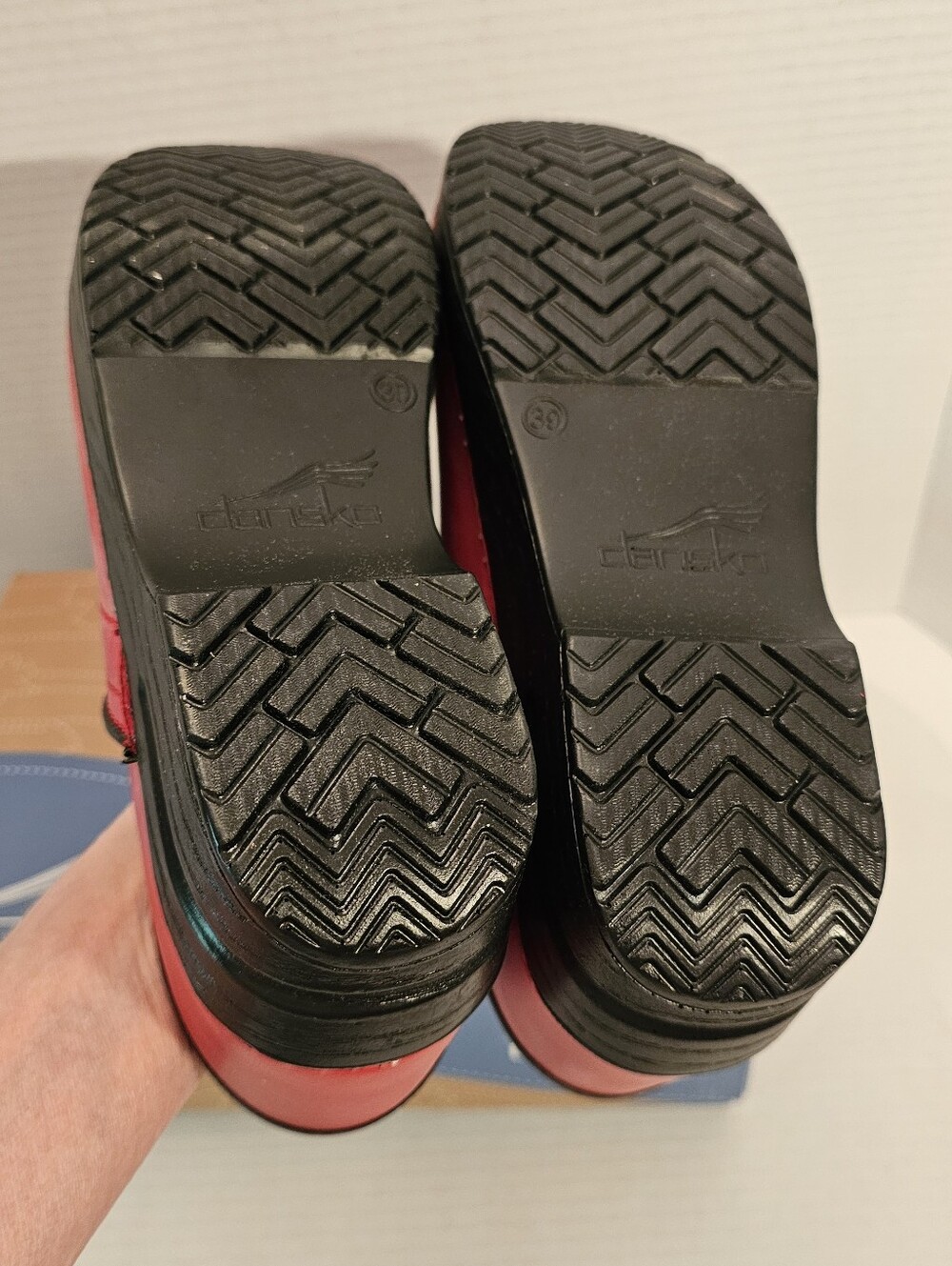 Dansko Red Leather Slip-On Clogs with Black Trim - Picture 13 of 15
